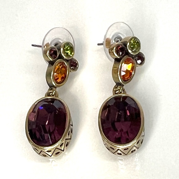 Heidi Daus Crystal Drop Earrings - Jewel Tone Crystals - Bezel Set - 1.5” Long - Picture 1 of 10